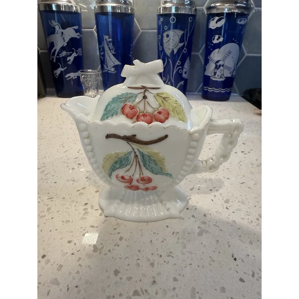 Westmoreland Milk Glass Beaded Painted Grape Cherry Covered Creamer Mid Century